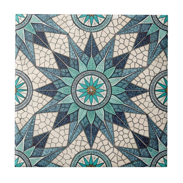 Indigo Teal Compass Mosaic – Stained Glass (Frente)