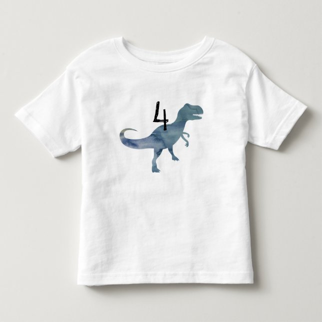 Infantil Camiseta Azul Dinossauro Trex Quatro Aniversário (Frente)