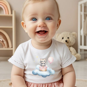 Infantil Camiseta de aniversário de bebê gatinho aquarela f