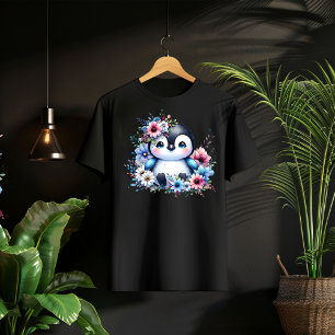 Infantil Camiseta de ilustração pastel de pinguim floral fo