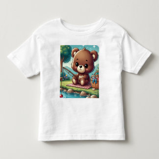 Infantil Camiseta do urso pescando na margem de um lago