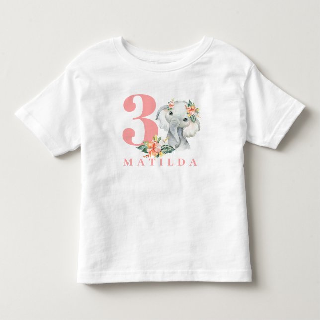 Infantil Camiseta floral de elefante aniversário de 3 anos (Frente)