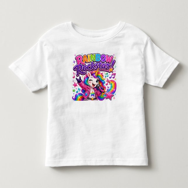 Infantil Camiseta Unicórnio Rockstar Arco-Íris (Frente)