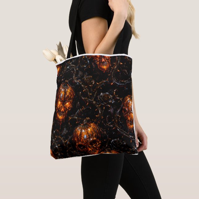 Infernal Vine Pumpkin Skull Halloween Tote Bag (Close Up)