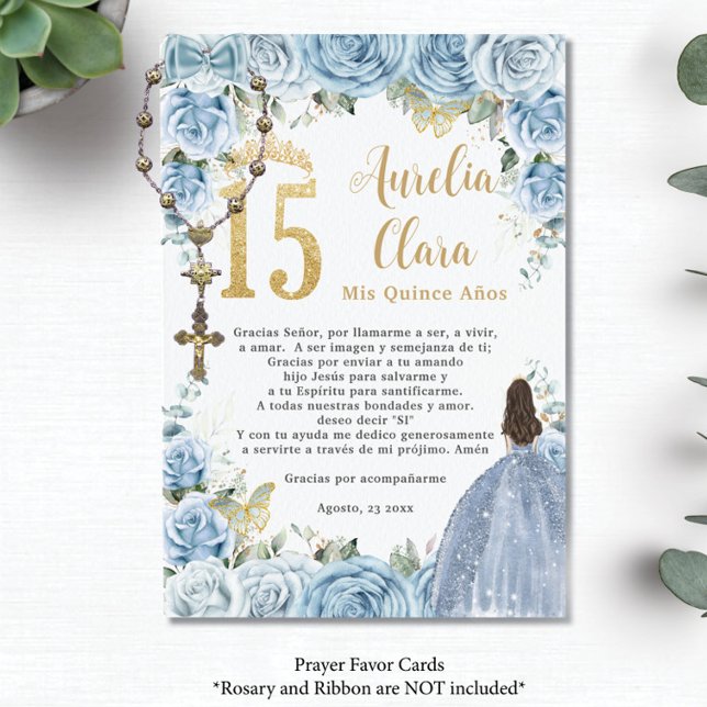 Informações Bebê Blue Floral Princesa Quinceañera Cartão de Or (baby blue roses floral gold 15 XV princess dress quinceanera rosary prayer card favors printed)