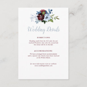 Informações cartão azul de casamento floral burgundy