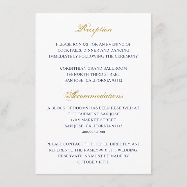 Informações Cartão clássico de gabinete de casamento Dourado e (Frente)