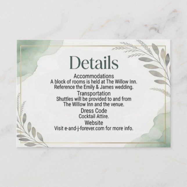 Informações Cartão de Acompanhamento de Casamento Willow Sage (Frente)
