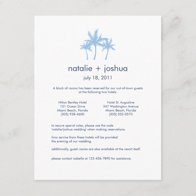 Informações Cartão de Alojamento de Casamento de Sonhos à Marg (Frente)