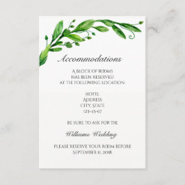 Informações Cartão de alojamento. Detalhes do casamento verde.