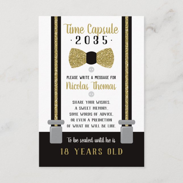 Informações Cartão de Cápsula de Aniversário, Preto, Faux Dour (Frente)