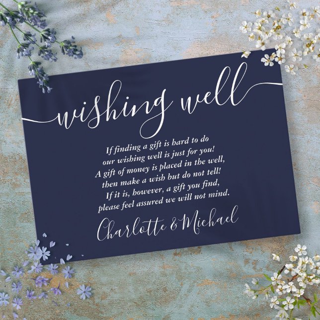 Informações Cartão de Casamento Azul Marinho com Mensagem de B (Wishing Well Signature Script Navy Blue Wedding Enclosure Card)