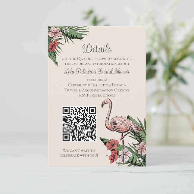 Informações Cartão de Casamento com Código QR de Flamingo Trop (Em pé/Frente)