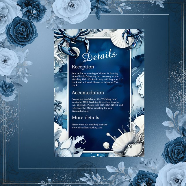 Informações cartão de casamento do vibe costeiro azul e branco (Criador carregado)
