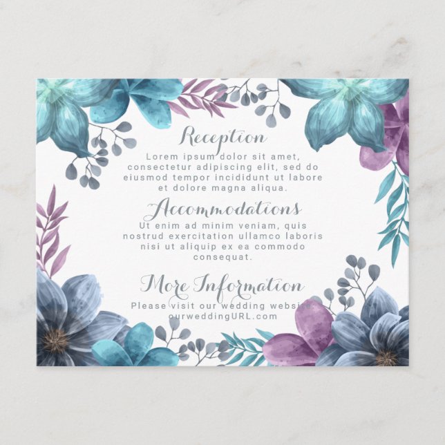 Informações Cartão de casamento floral em aquarela azul desbot (Frente)