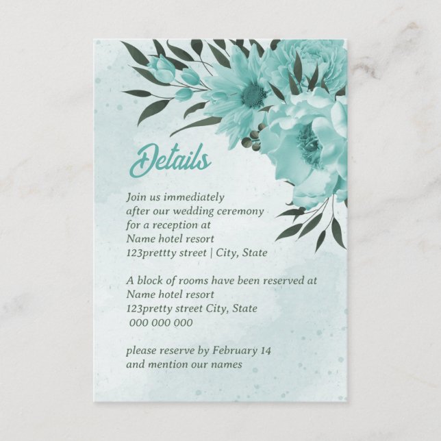 Informações cartão de cerimônia de casamento de flores azuis (Frente)