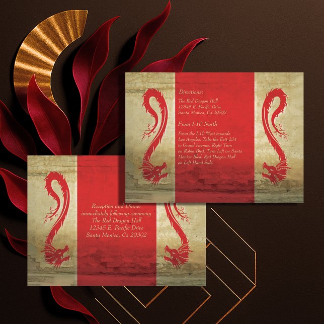 Informações Cartão de Confirmação de Presença e Direções para  (Red Dragon Wedding Reception Card and Directions)
