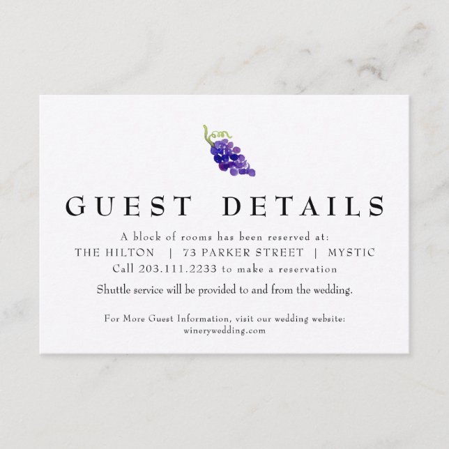 Informações Cartão de Detalhe de Casamento de Vinho com Uvas n (Frente)