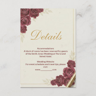 Informações Cartão de Detalhes de Casamento Burgundy Floral e