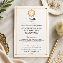 Cartão de Detalhes de Casamento com Crista de Ouro