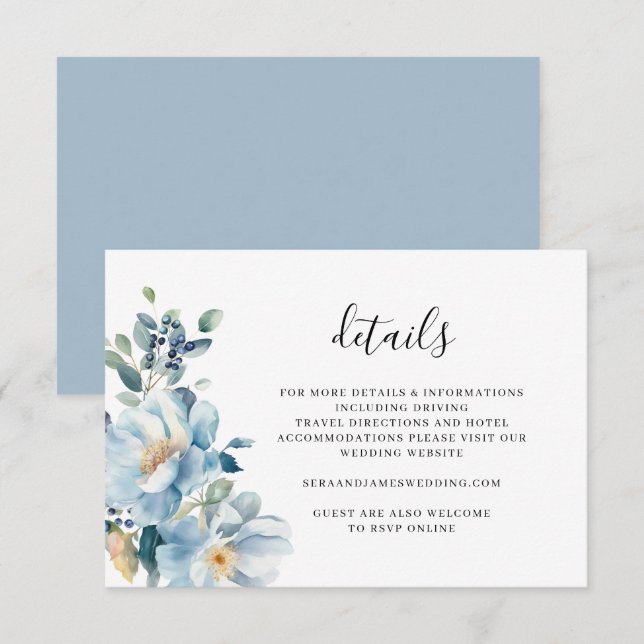 Informações Cartão de Detalhes de Casamento com Florais em Aqu (Frente/Verso)