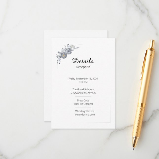 Informações Cartão de Detalhes de Casamento com Flores Cinzas  (Frente/Verso In Situ)