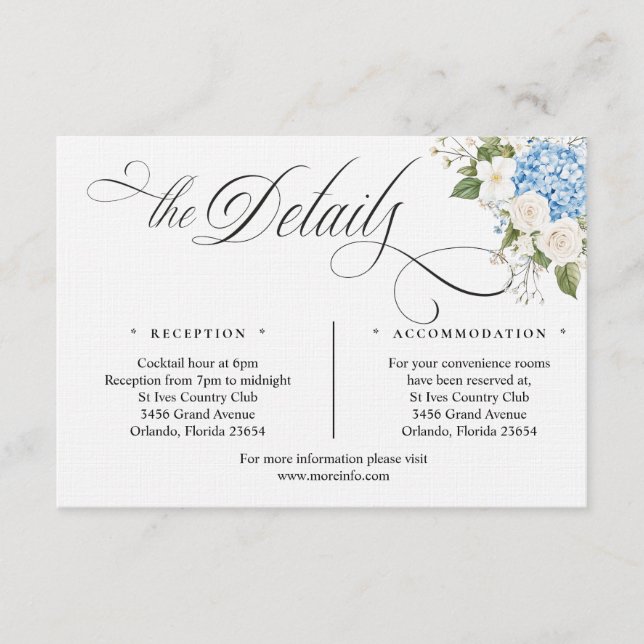 Informações Cartão de Detalhes de Casamento com Fonte Blue Hyg (Frente)