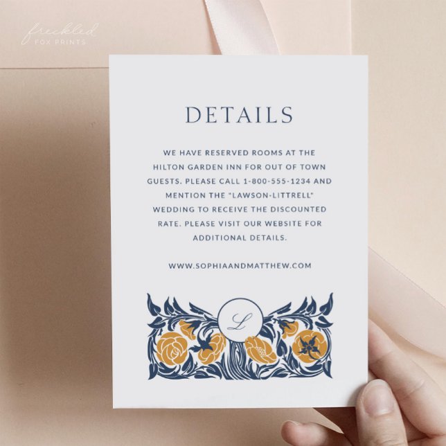Informações Cartão de Detalhes de Casamento com Monograma em E (Floral Art Nouveau Monogram Wedding Details Card)