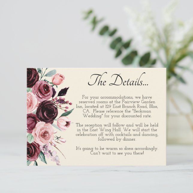 Informações Cartão de Detalhes de Casamento das Flores de Crem (Em pé/Frente)