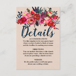 Informações Cartão de Detalhes de Casamento de Red Floral e Bo