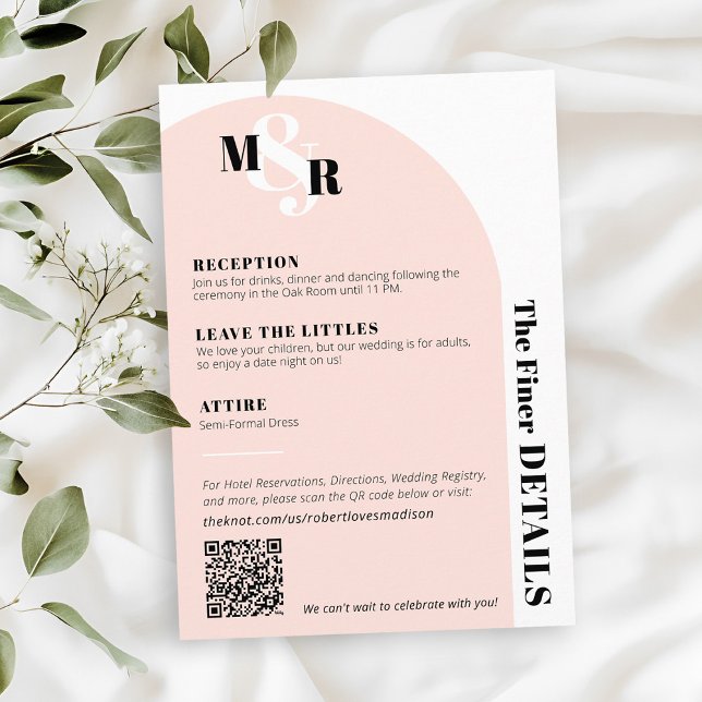 Informações Cartão de Detalhes de Casamento do Monograma Rosa  (Blush pink black and white ampersand monogram arch wedding invitation The Finer Details Card QR Code)