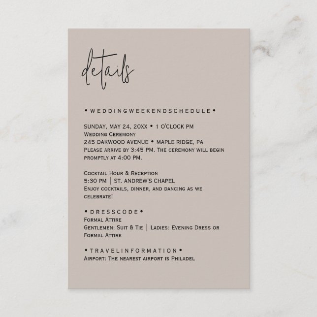 Informações Cartão de Detalhes de Casamento Editável por Cor (Frente)