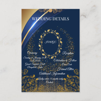 Informações Cartão de Detalhes de Casamento Floral Azul e Dour