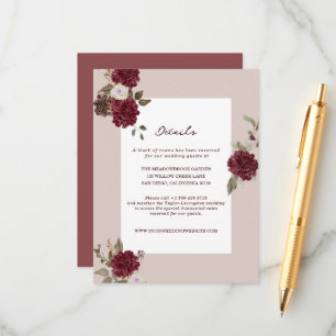 Informações Cartão de Detalhes de Casamento Floral Borgonha de