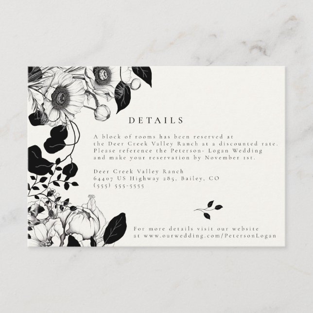 Informações Cartão de Detalhes de Casamento Floral Preto (Frente)