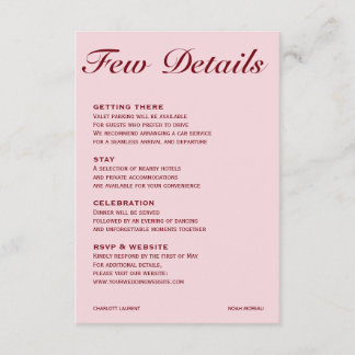 Informações Cartão de Detalhes de Casamento Rosa Soft Elegante