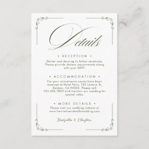 Informações Cartão de Detalhes de Casamento Verde Oliva Elegân