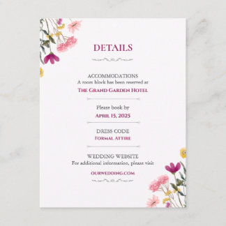 Informações Cartão de Detalhes de Casamento Wildflower Romance