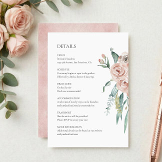 Informações Cartão de Detalhes do Casamento com Rosa Rosa Cora