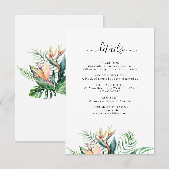 Informações Cartão de detalhes do casamento de flores tropicai (Frente/Verso)