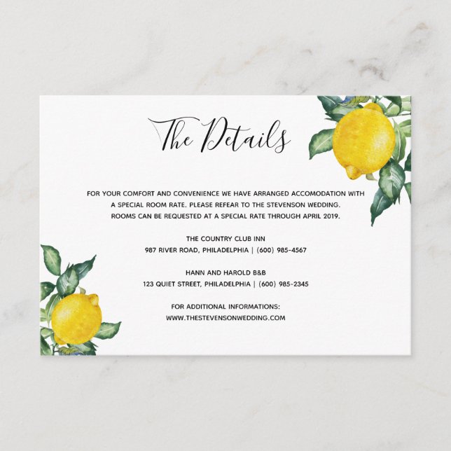 Informações cartão de detalhes do casamento de limões (Frente)