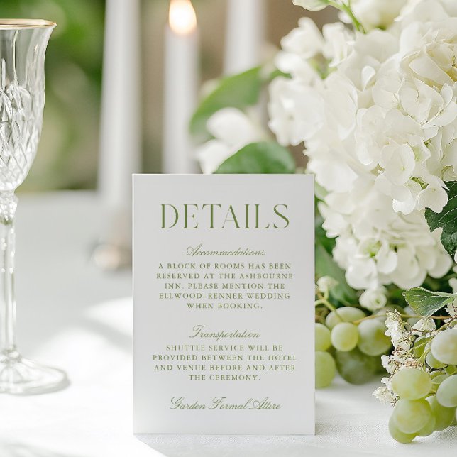 Informações Cartão de Detalhes do Casamento de Sage Green & Wh (Sage Green & White Wedding Wedding Details Card)