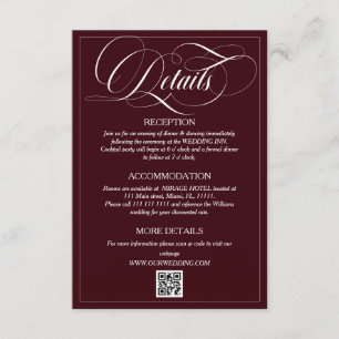 Informações Cartão de Detalhes do Casamento em Burgundy e Bran