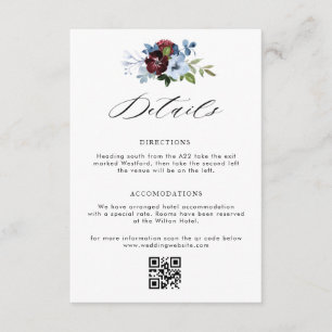 Informações cartão de detalhes do casamento floral azul burgun