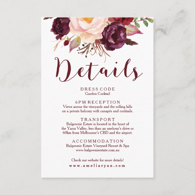 Informações Cartão de Detalhes do Casamento Floral Burgundy (Frente)