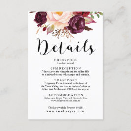 Informações Cartão de Detalhes do Casamento Floral Burgundy Ma