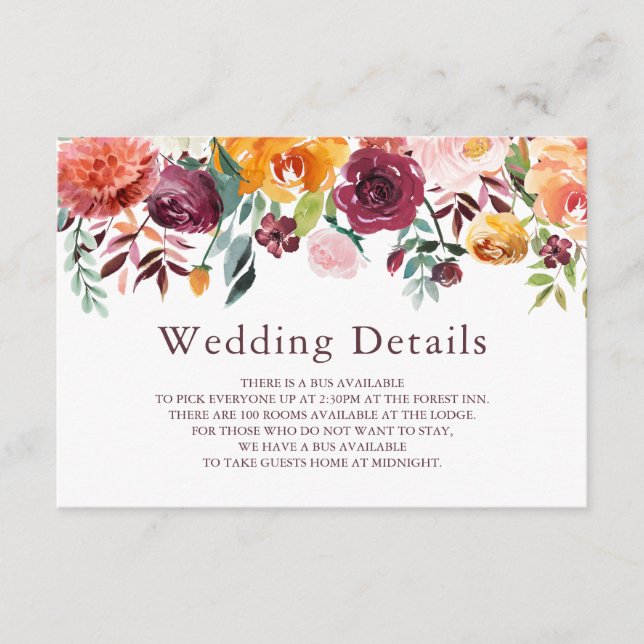 Informações Cartão de Detalhes do Casamento Floral de Paprika  (Frente)