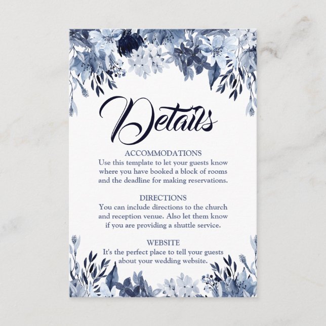 Informações Cartão de Detalhes do Casamento Floral Dusty Blue (Frente)