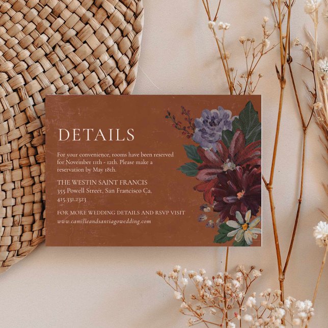Informações Cartão de Detalhes do Casamento Floral Terracotta  (Terracotta Moody Floral Fall Details Wedding Card)