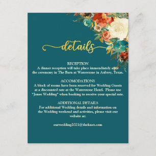 Informações Cartão de Detalhes do Casamento - Teal & Orange